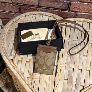 Coach Tan and Brown Card Holder with Lanyard